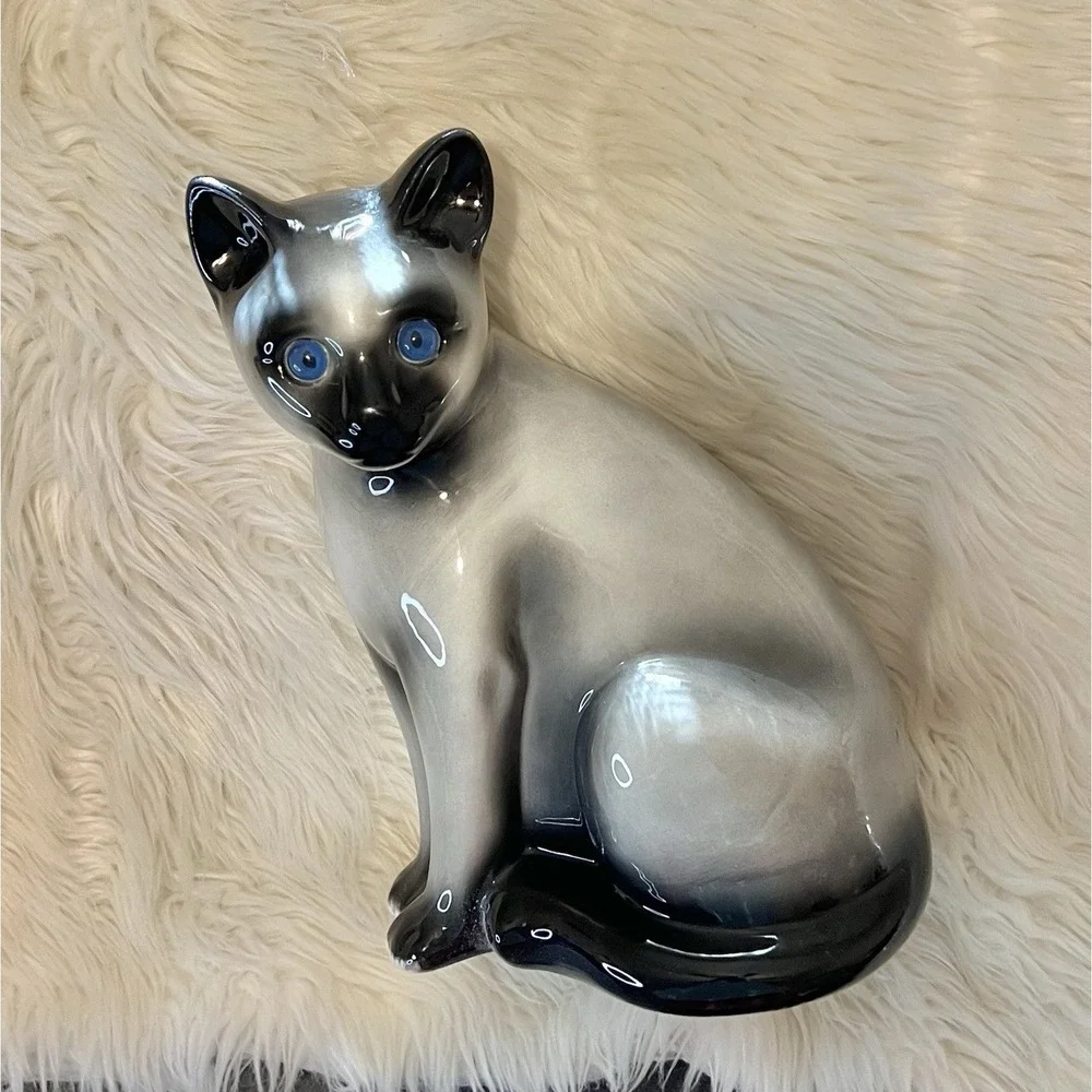 Vintage ELPA Alcobaca Portugal Gray Siamese Cat Ceramic‎ Figurine Blue Eye 11